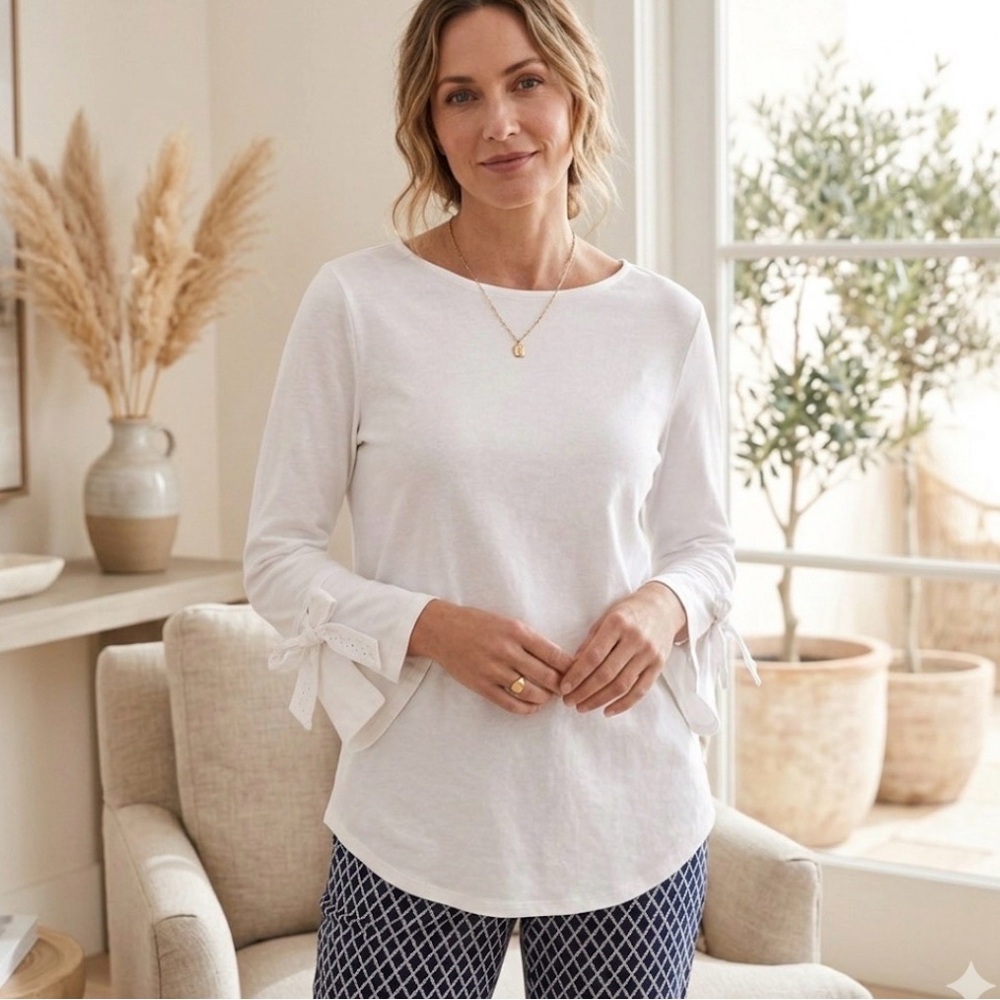 J.Jill Pima Cotton Tie-Sleeve Tee White Long Sleeve Top Size S Coastal Casual